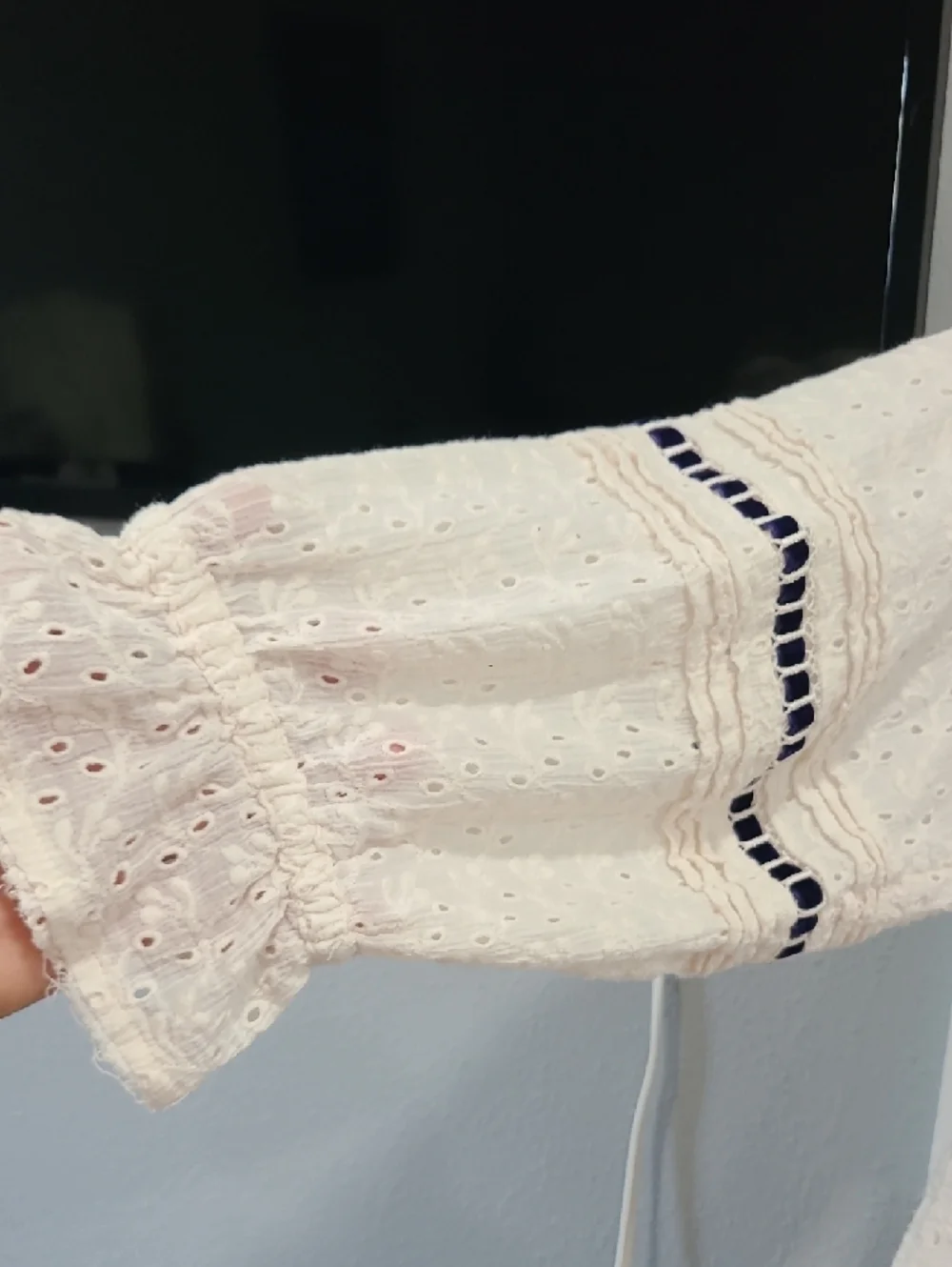 Free People Cream Eyelet Peasant Top with Navy Trim